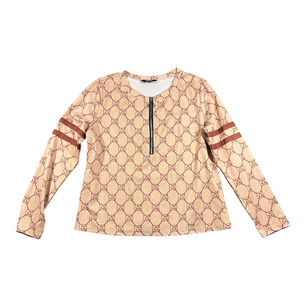 ChicMe Quarter Zip Top Womens XL Tan Burgundy Monogram Stripe Long Sleeve Top